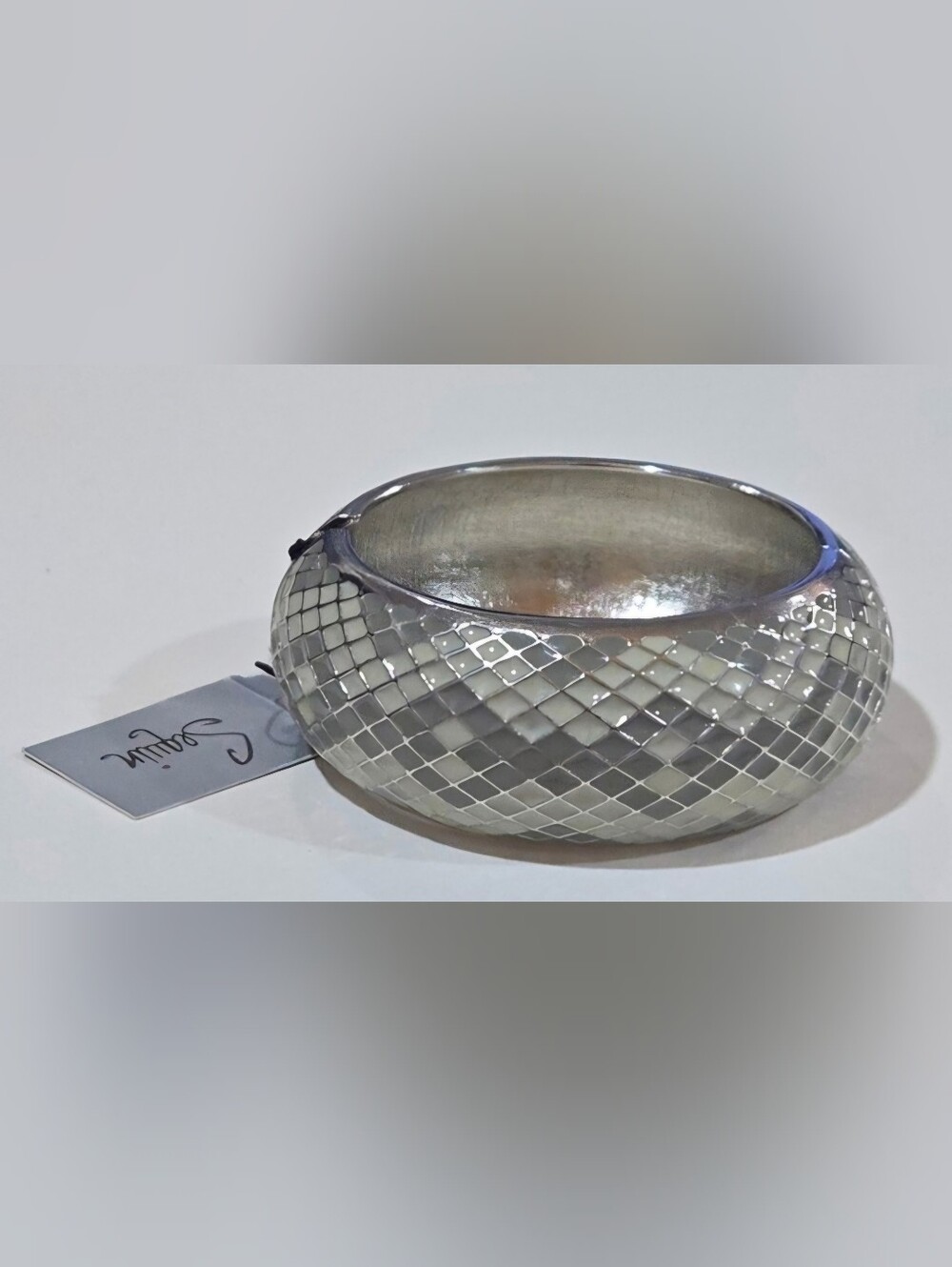 Nordstrom Sequin Silver Gray Ivory Harlequin Enamel Hinged Bangle NWT